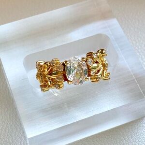 Gold Floral Filigree Ring with Clear Center Stone